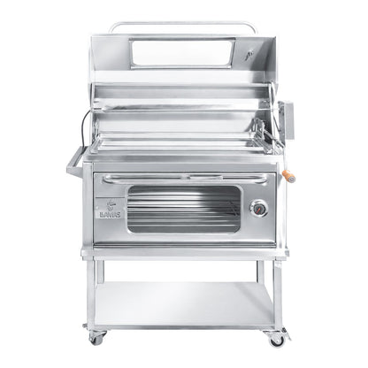 Parrilla con tapa y rostizador a motor (80cm x 50cm) de Acero Inoxidable 4 en 1 - Llamas