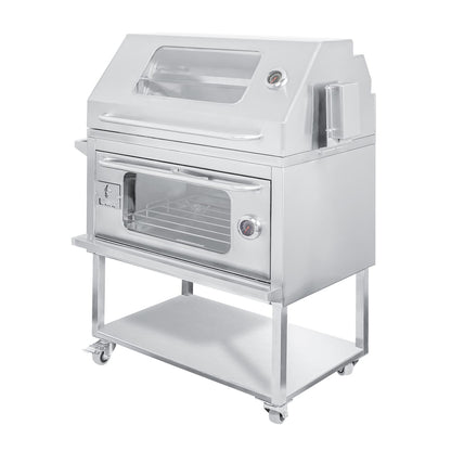 Parrilla con tapa y rostizador a motor (80cm x 50cm) de Acero Inoxidable 4 en 1 - Llamas