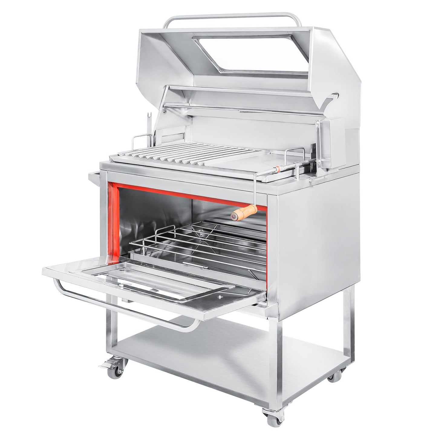 Parrilla con tapa y rostizador a motor (80cm x 50cm) de Acero Inoxidable 4 en 1 - Llamas