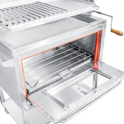 Parrilla con tapa y rostizador a motor (80cm x 50cm) de Acero Inoxidable 4 en 1 - Llamas
