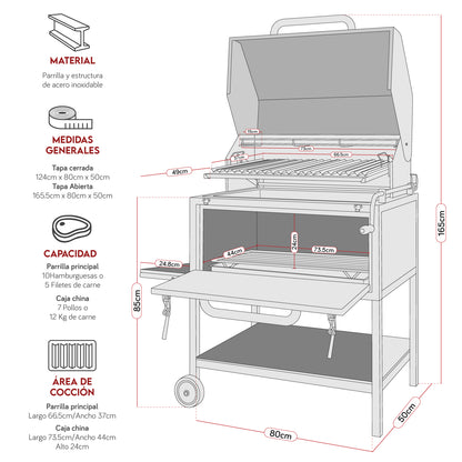 Parrilla con Caja China Profesional con Tapa 80cm x 50cm | Grillcorp