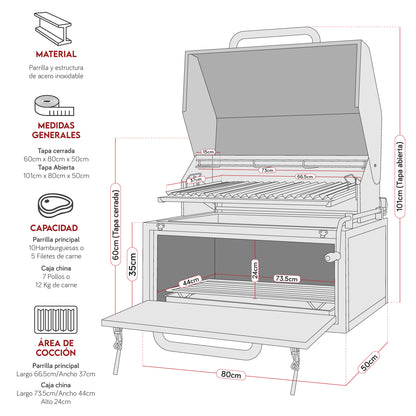 Parrilla Empotrable con Caja China Profesional con Tapa 80cm x 50cm | Grillcorp