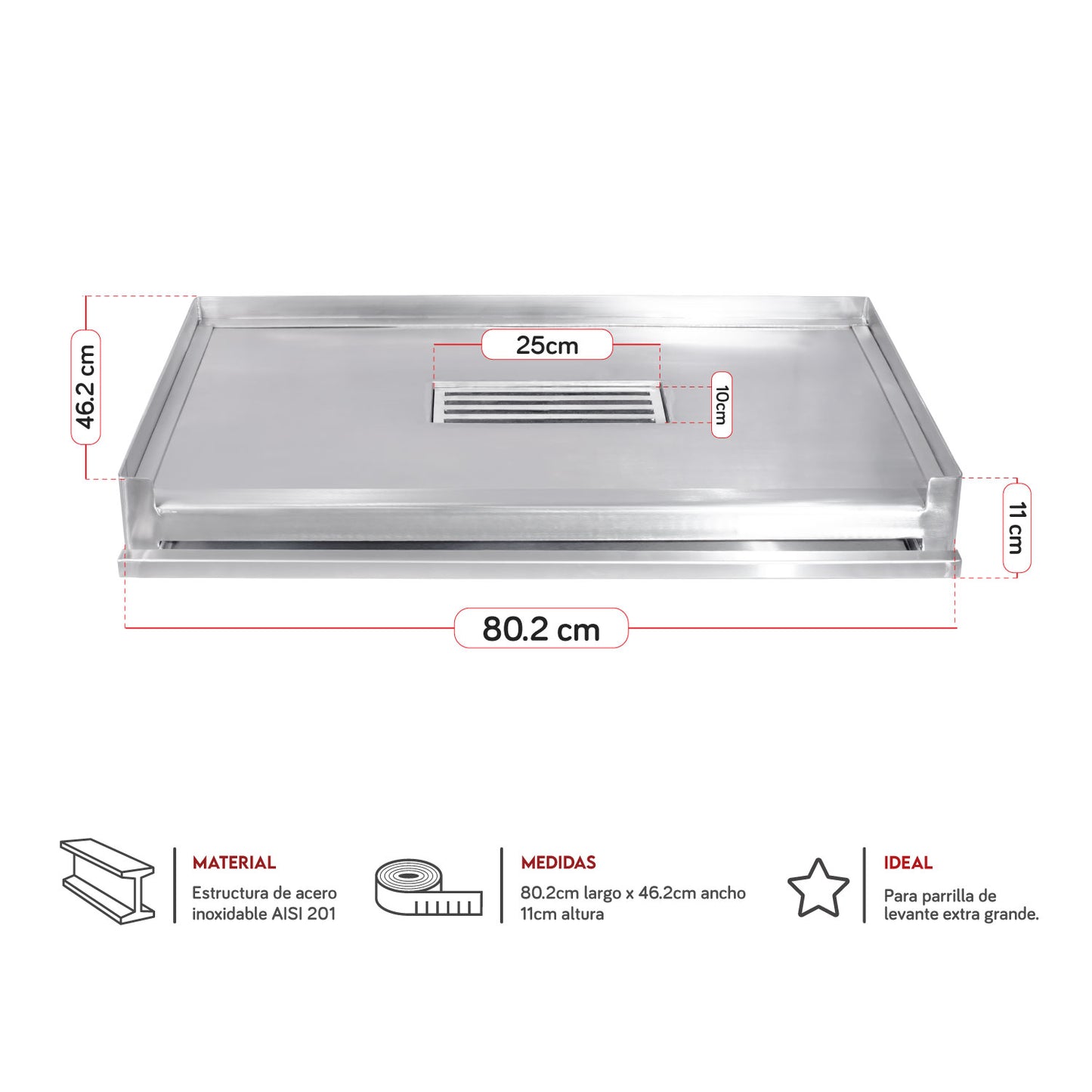 Parrilla Empotrable con sistema de levante Inoxidable Extra Grande 45cm x 79cm
