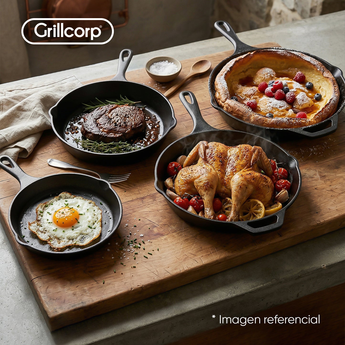 Juego de Sartén de N°16.5, N°20, N°25 y N°30 de Hierro Fundido Esmaltado + Tapa + Mango | Grillcorp