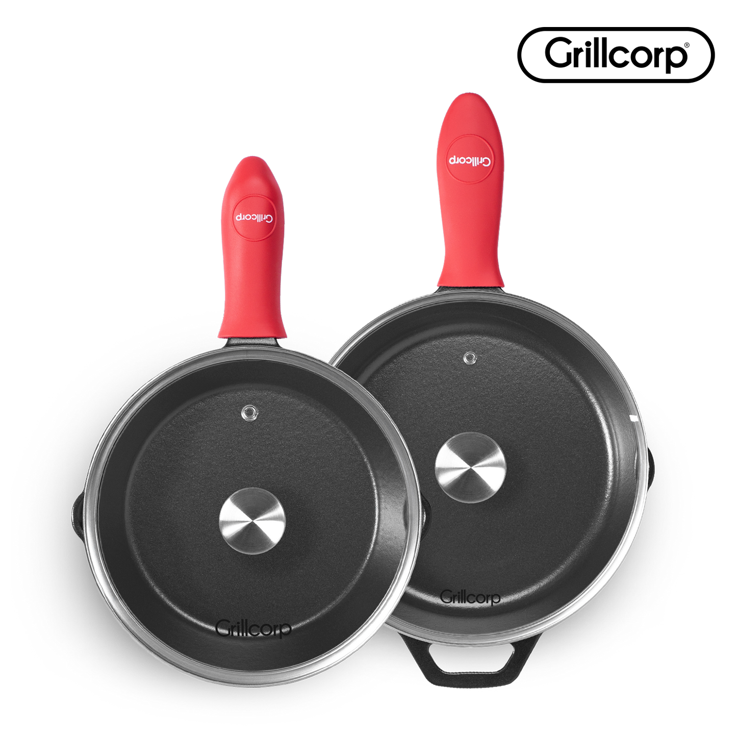 Juego de Sartén de N°20 y N°30 de Hierro Fundido Esmaltado + Tapa + Mango | Grillcorp