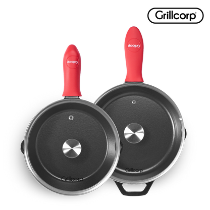 Juego de Sartén de N°20 y N°30 de Hierro Fundido Esmaltado + Tapa + Mango | Grillcorp