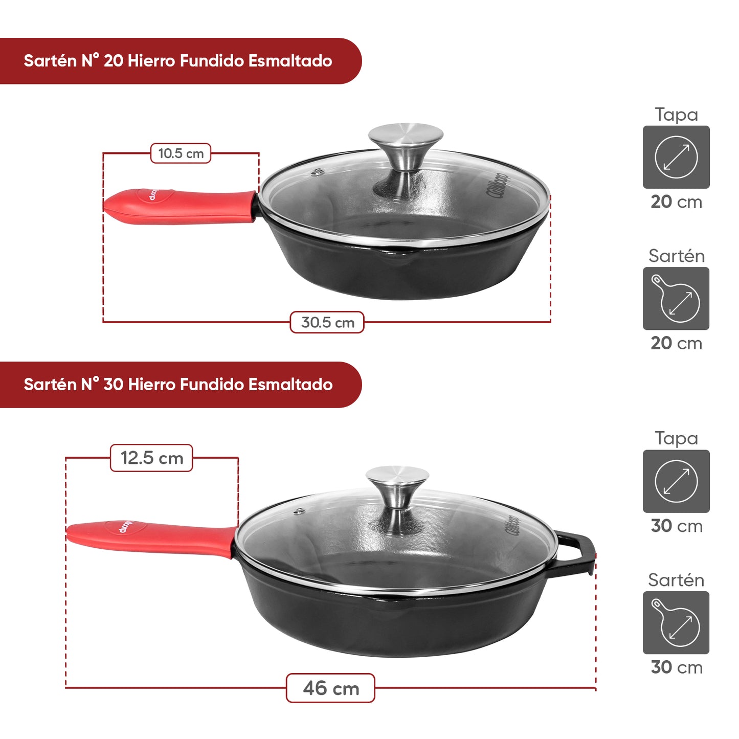Juego de Sartén de N°20 y N°30 de Hierro Fundido Esmaltado + Tapa + Mango | Grillcorp