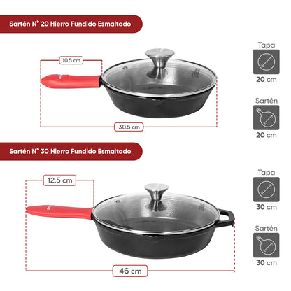 Juego de Sartén de N°20 y N°30 de Hierro Fundido Esmaltado + Tapa + Mango | Grillcorp