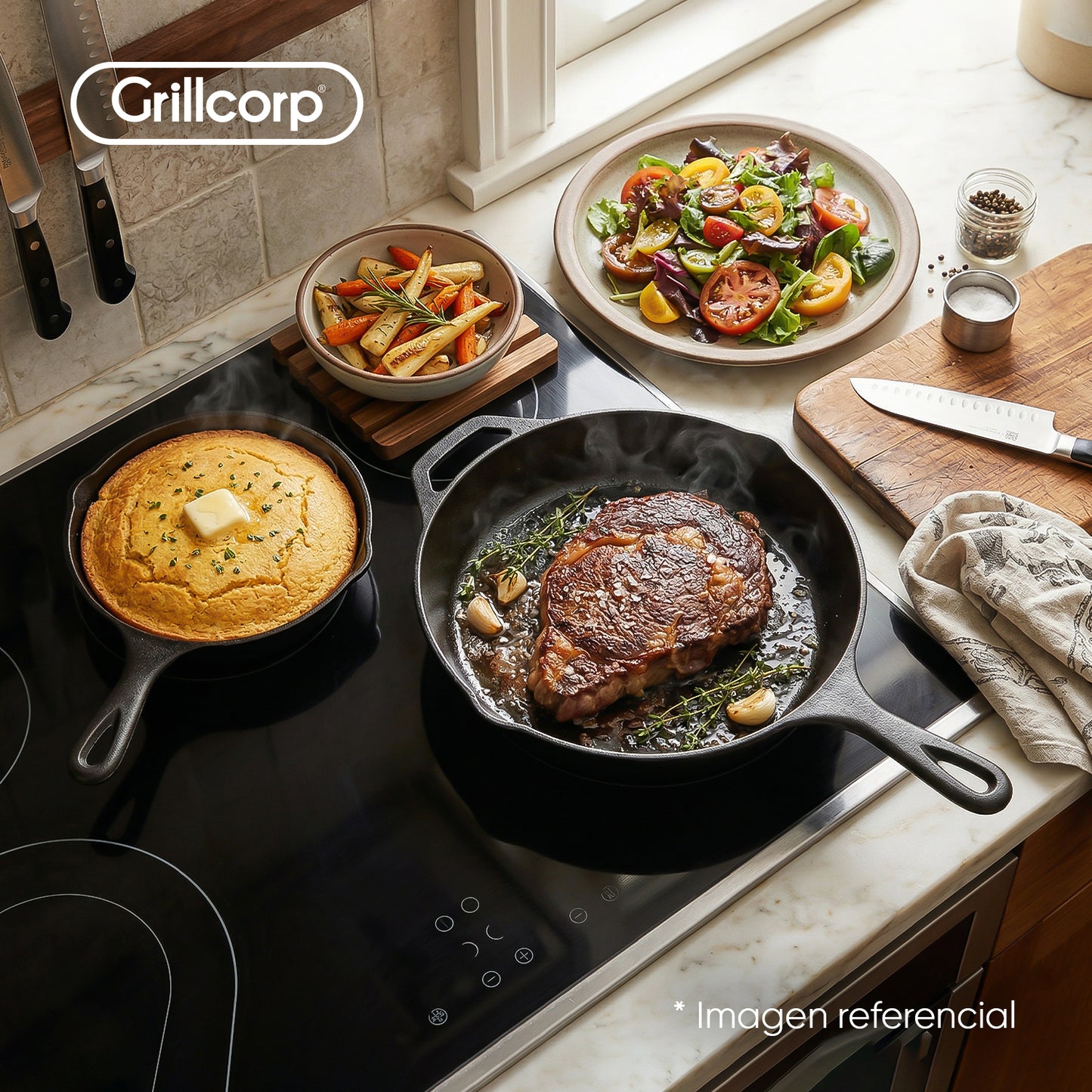 Juego de Sartén de N°20 y N°30 de Hierro Fundido Esmaltado + Tapa + Mango | Grillcorp