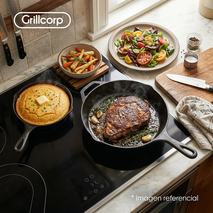 Juego de Sartén de N°20 y N°30 de Hierro Fundido Esmaltado + Tapa + Mango | Grillcorp
