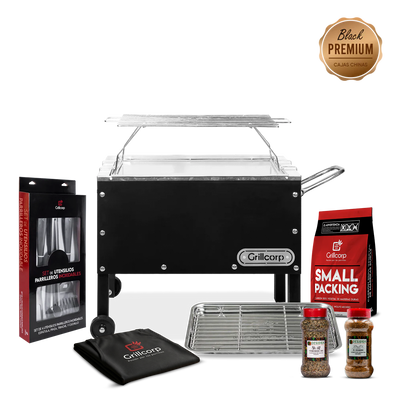 Caja China Junior Black Premium con Parrilla de Varillas Inoxidables + Accesorios Parrilleros | Grillcorp