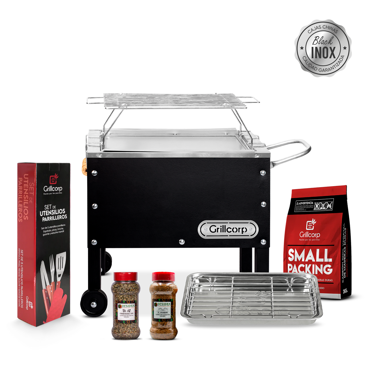 Caja China Chica Black Inoxidable con parrilla de varillas Inoxidables + Accesorios Parrilleros | Grillcorp