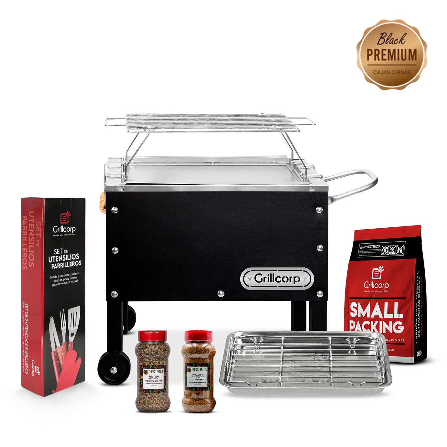 Caja China Chica Black Premium con Parrilla de Varillas Inoxidables + Accesorios Parrilleros | Grillcorp