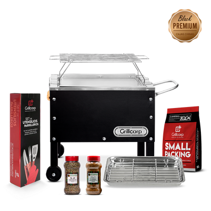 Caja China Chica Black Premium con Parrilla de Varillas Inoxidables + Accesorios Parrilleros | Grillcorp