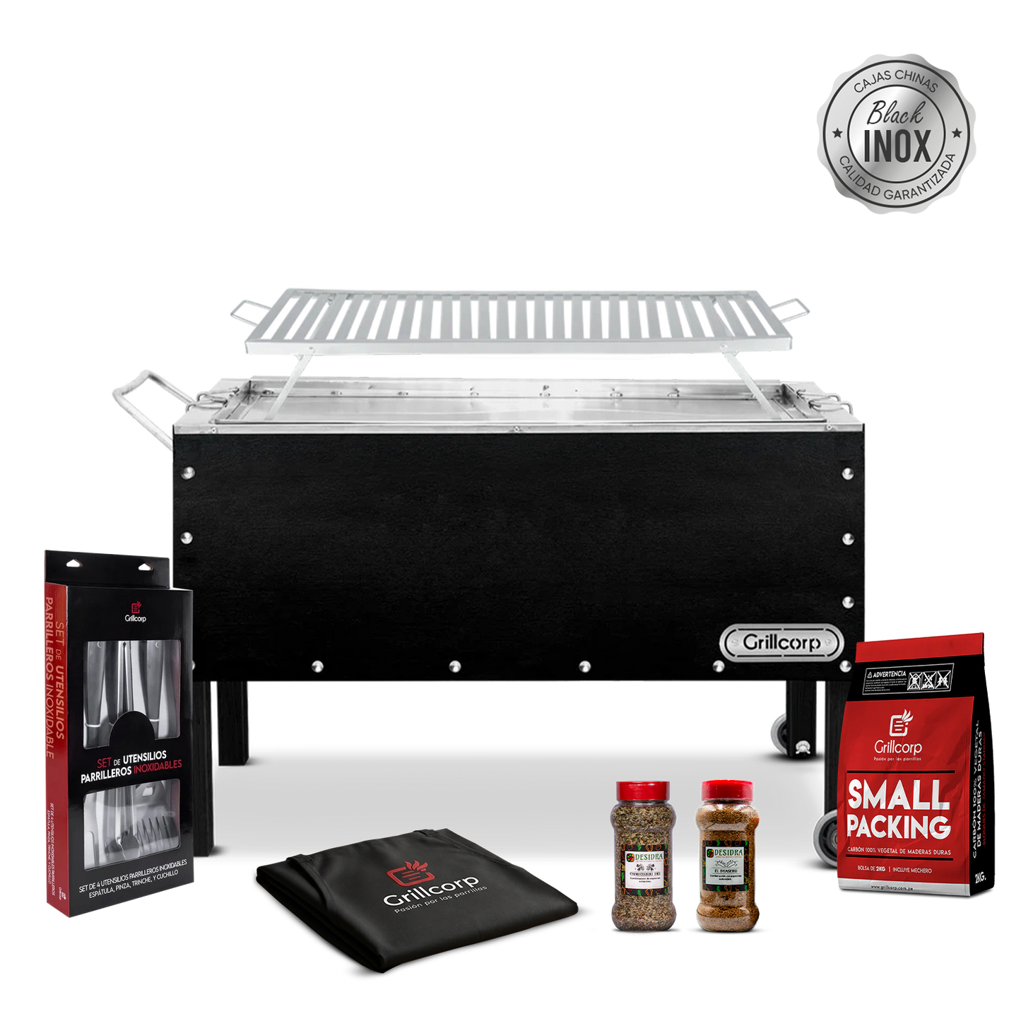 Caja china Grande Black inoxidable con Parrilla de Platinas Niqueladas + Accesorios Parrilleros | Grillcorp