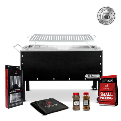 Caja china Grande Black inoxidable con Parrilla de Platinas Niqueladas + Accesorios Parrilleros | Grillcorp