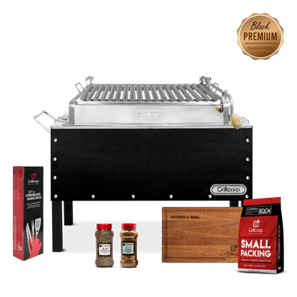 Caja china Grande Black Premium con Parrilla de Levante Mixta + Accesorios Parrilleros | Grillcorp