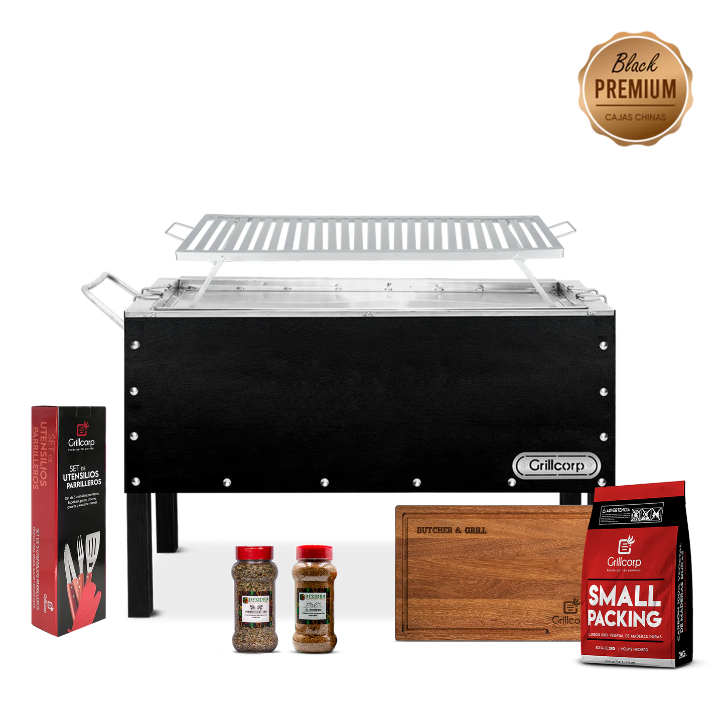 Caja china Grande Black Premium con Parrilla de Platinas Niqueladas + Accesorios Parrilleros | Grillcorp