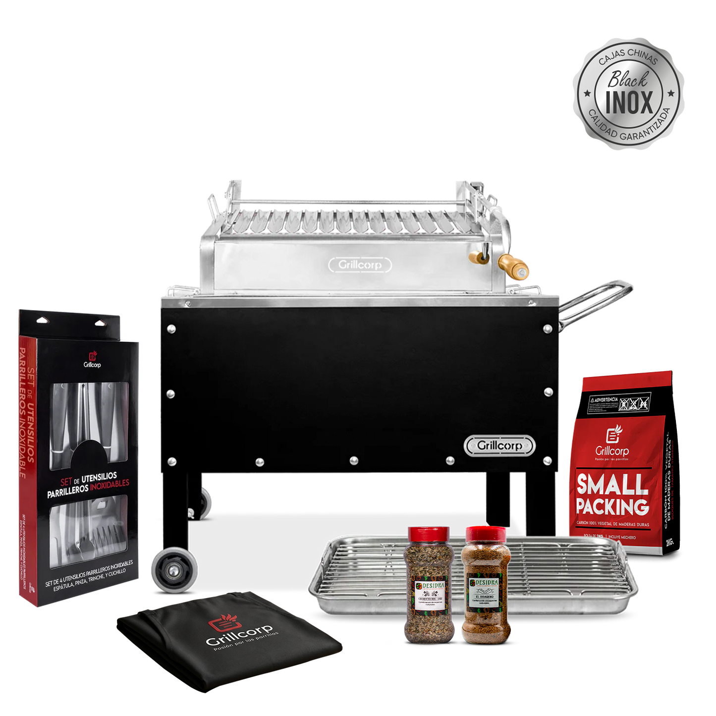Caja China Mediana Black Inoxidable con Parrilla de Levante Mixta + Accesorios | Grillcorp