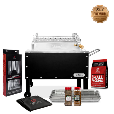 Caja China Mediana Black Premium con Parrilla de levante mixta + Accesorios Parrilleros | Grillcorp