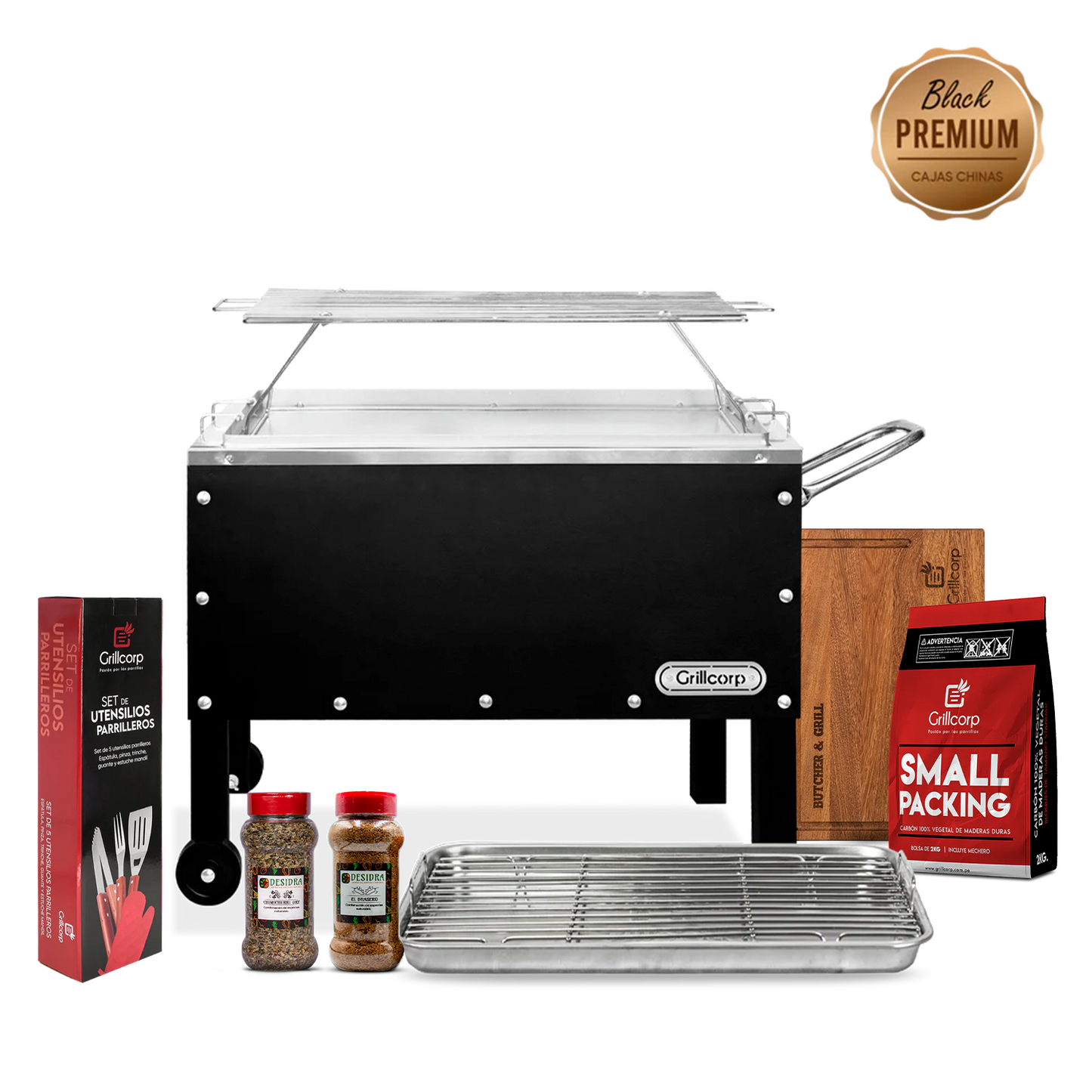 Caja China Mediana Black Premium con Parrilla de Varillas+ Accesorios Parrilleros | Grillcorp