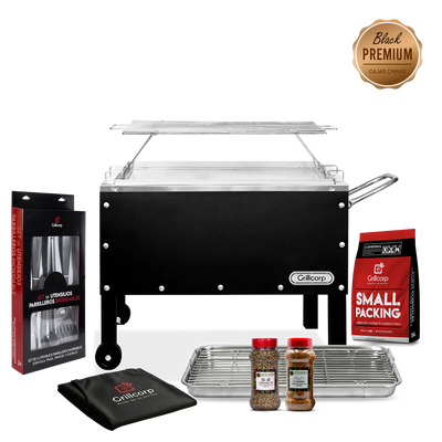 Caja China Mediana Black Premium con Parrilla de Varillas+ Accesorios Parrilleros | Grillcorp
