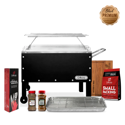 Caja China Mediana Black Premium con Parrilla de Varillas+ Accesorios Parrilleros | Grillcorp