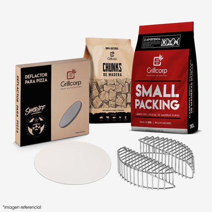 Parrilla Portátil Sheriff 18"+ Mesa Lateral + Piedra para pizza + Carbon 2Kg + Cesta de Carbón + Chunk de Olivo