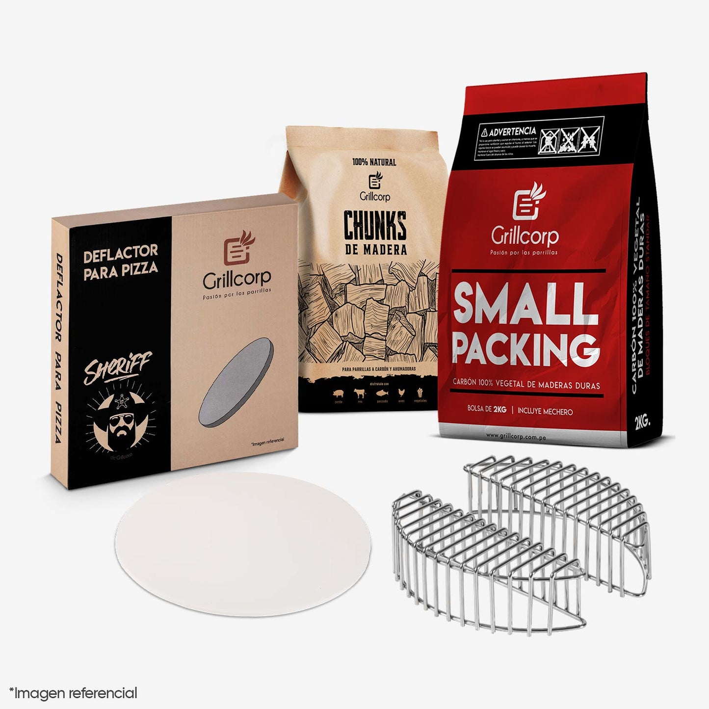 Parrilla Portátil Sheriff 18"+ Mesa Lateral + Piedra para pizza + Carbon 2Kg + Cesta de Carbón + Chunk de Olivo
