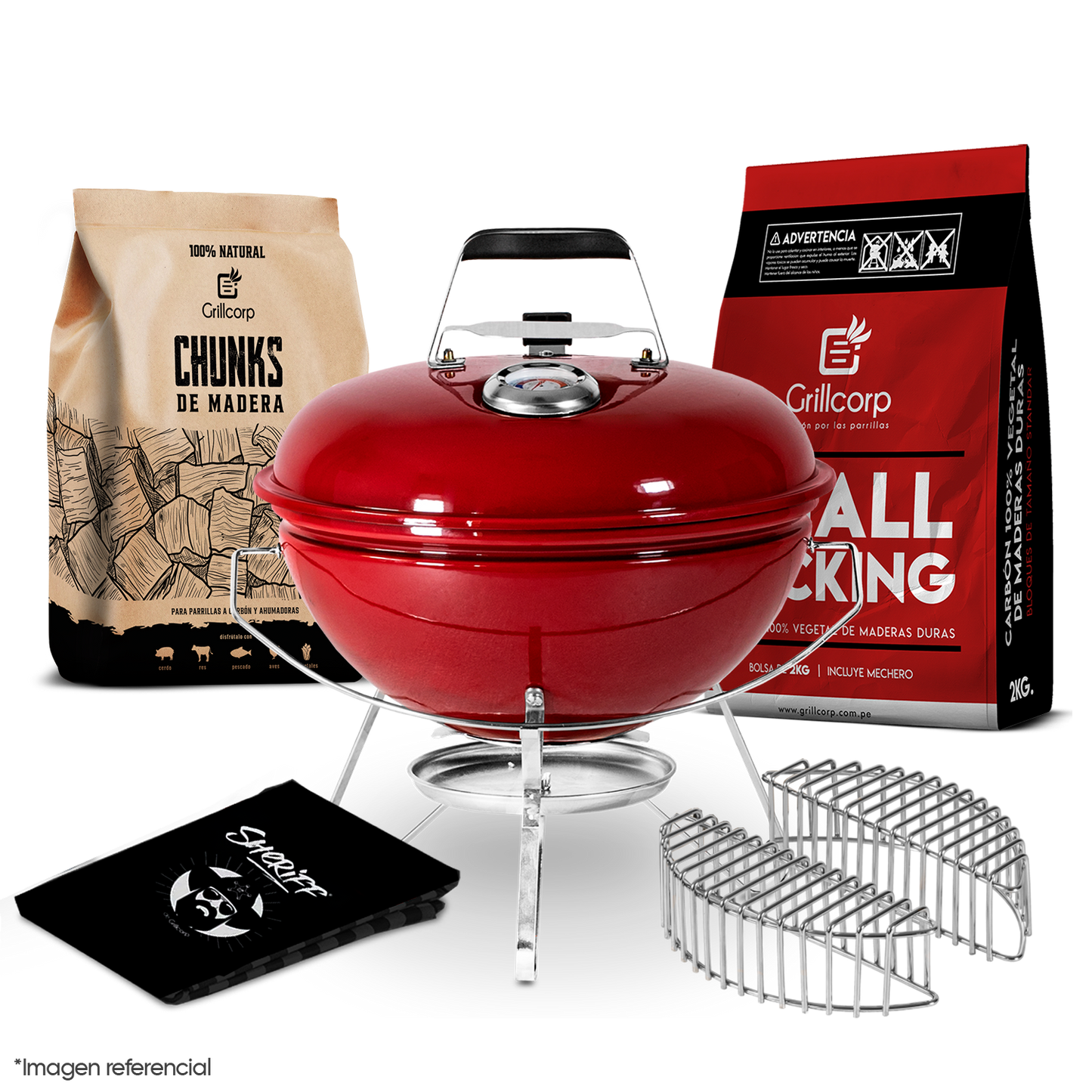 Parrilla Portátil Sheriff 14" + Cesta de Carbón + Carbón de 2Kg + Chunk de Olivo + Funda
