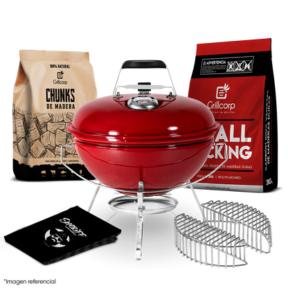 Parrilla Portátil Sheriff 14" + Cesta de Carbón + Carbón de 2Kg + Chunk de Olivo + Funda
