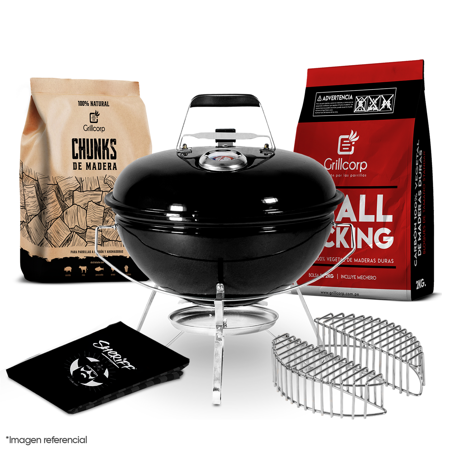 Parrilla Portátil Sheriff 14" + Cesta de Carbón + Carbón de 2Kg + Chunk de Olivo + Funda
