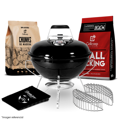 Parrilla Portátil Sheriff 14" + Cesta de Carbón + Carbón de 2Kg + Chunk de Olivo + Funda