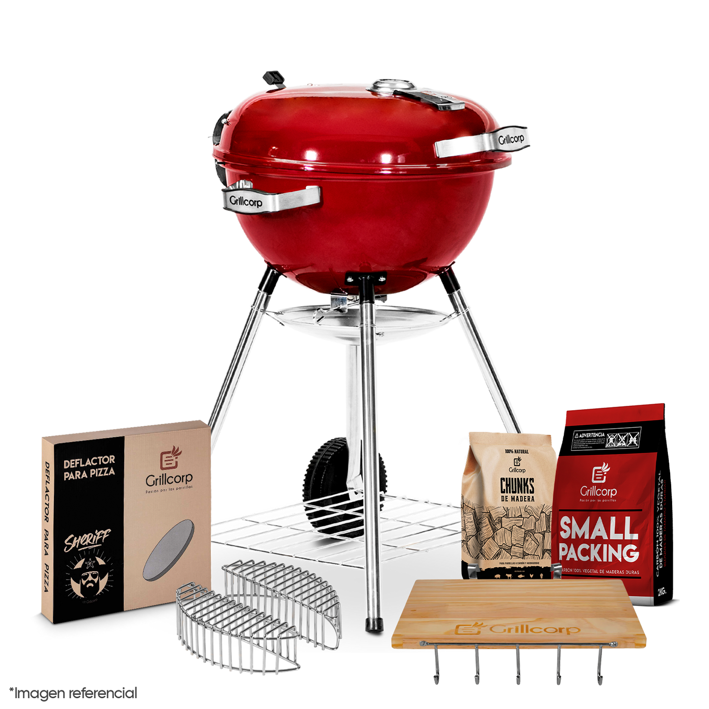 Parrilla Portátil Sheriff 18"+ Mesa Lateral + Piedra para pizza + Carbon 2Kg + Cesta de Carbón + Chunk de Olivo