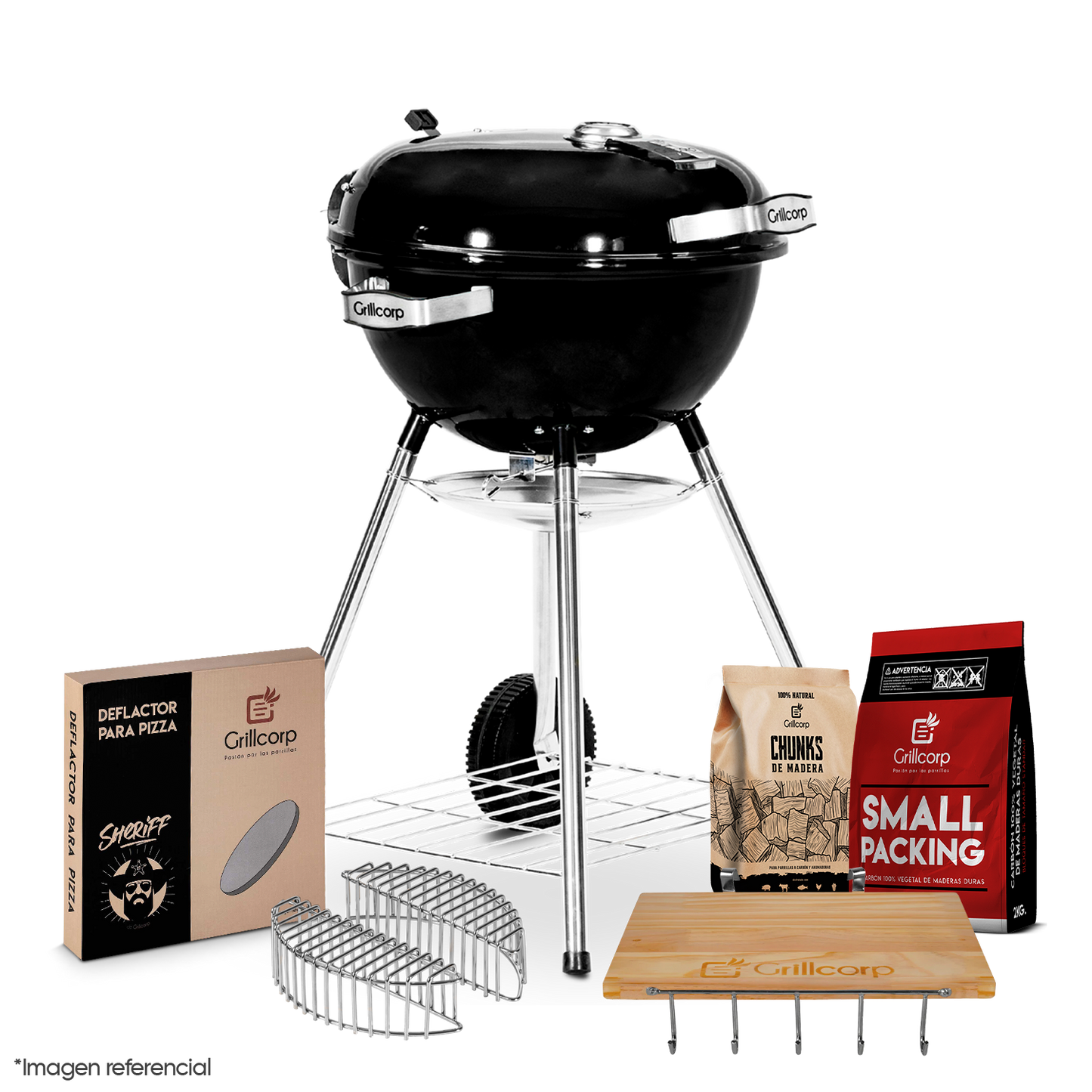 Parrilla Portátil Sheriff 18"+ Mesa Lateral + Piedra para pizza + Carbon 2Kg + Cesta de Carbón + Chunk de Olivo