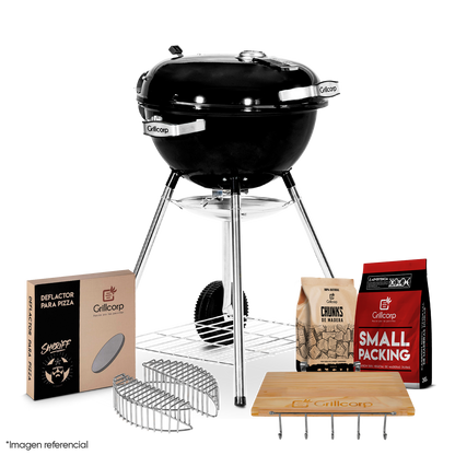 Parrilla Portátil Sheriff 18"+ Mesa Lateral + Piedra para pizza + Carbon 2Kg + Cesta de Carbón + Chunk de Olivo