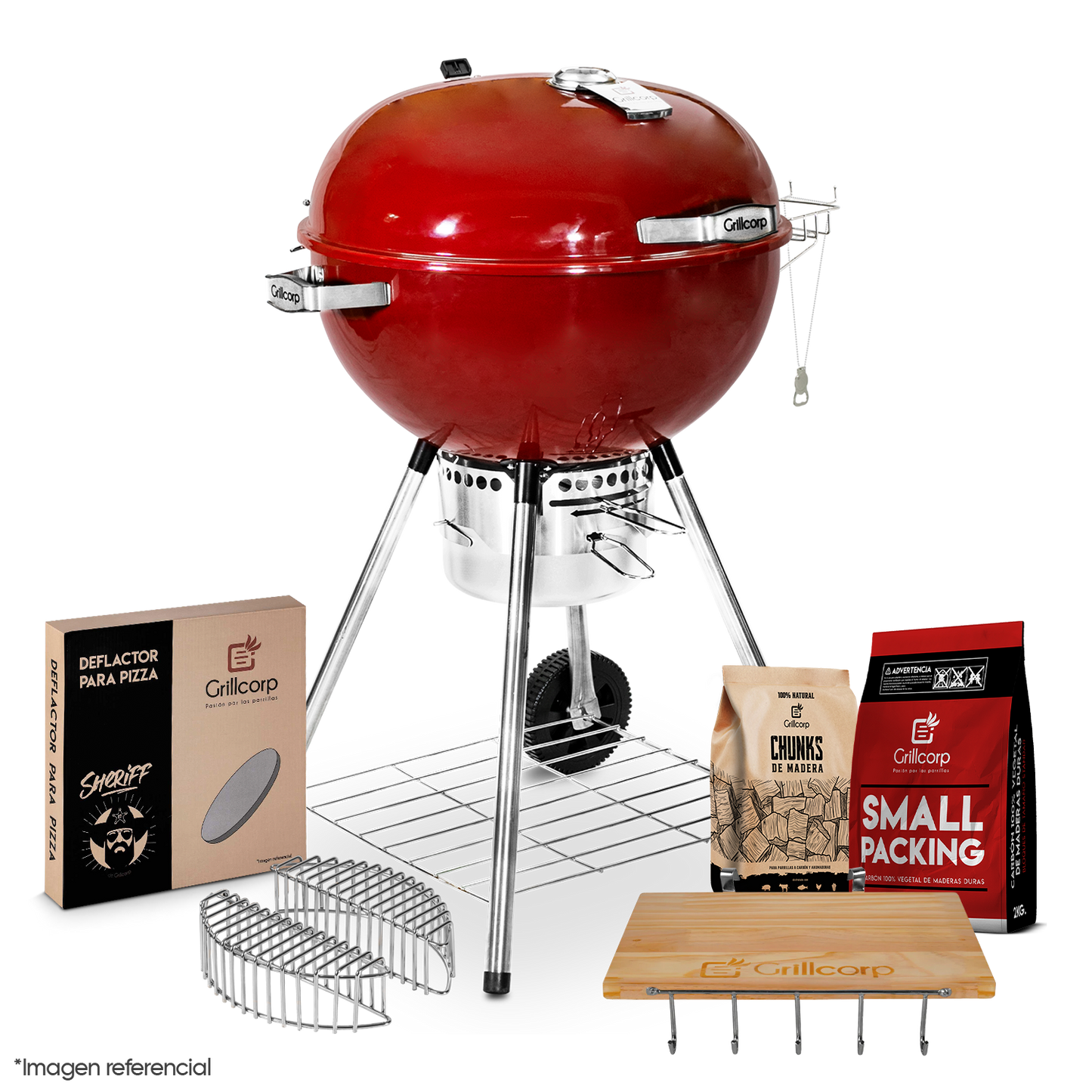 Parrilla Portátil Sheriff 22" + Mesa Lateral + Piedra para pizza + Carbón 2Kg + Cesta de Carbón + Chunk de Olivo