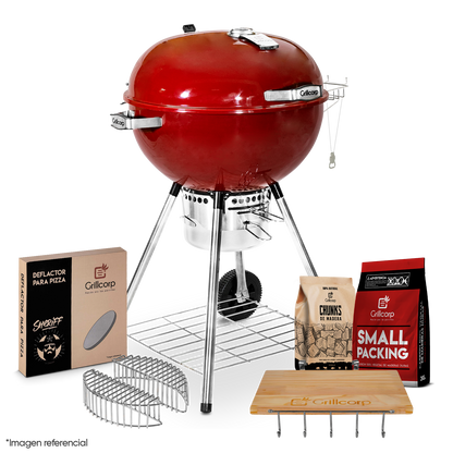 Parrilla Portátil Sheriff 22" + Mesa Lateral + Piedra para pizza + Carbón 2Kg + Cesta de Carbón + Chunk de Olivo