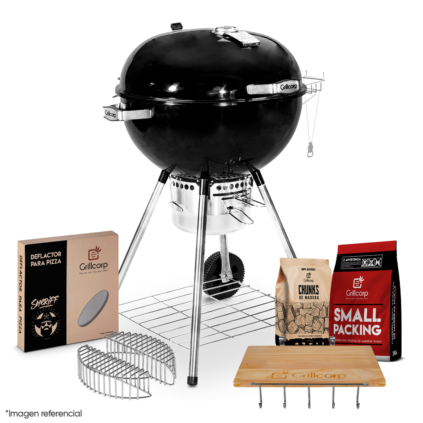Parrilla Portátil Sheriff 22" + Mesa Lateral + Piedra para pizza + Carbón 2Kg + Cesta de Carbón + Chunk de Olivo