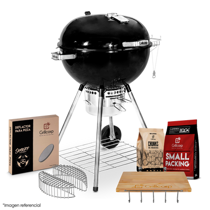 Parrilla Portátil Sheriff 22" + Mesa Lateral + Piedra para pizza + Carbón 2Kg + Cesta de Carbón + Chunk de Olivo