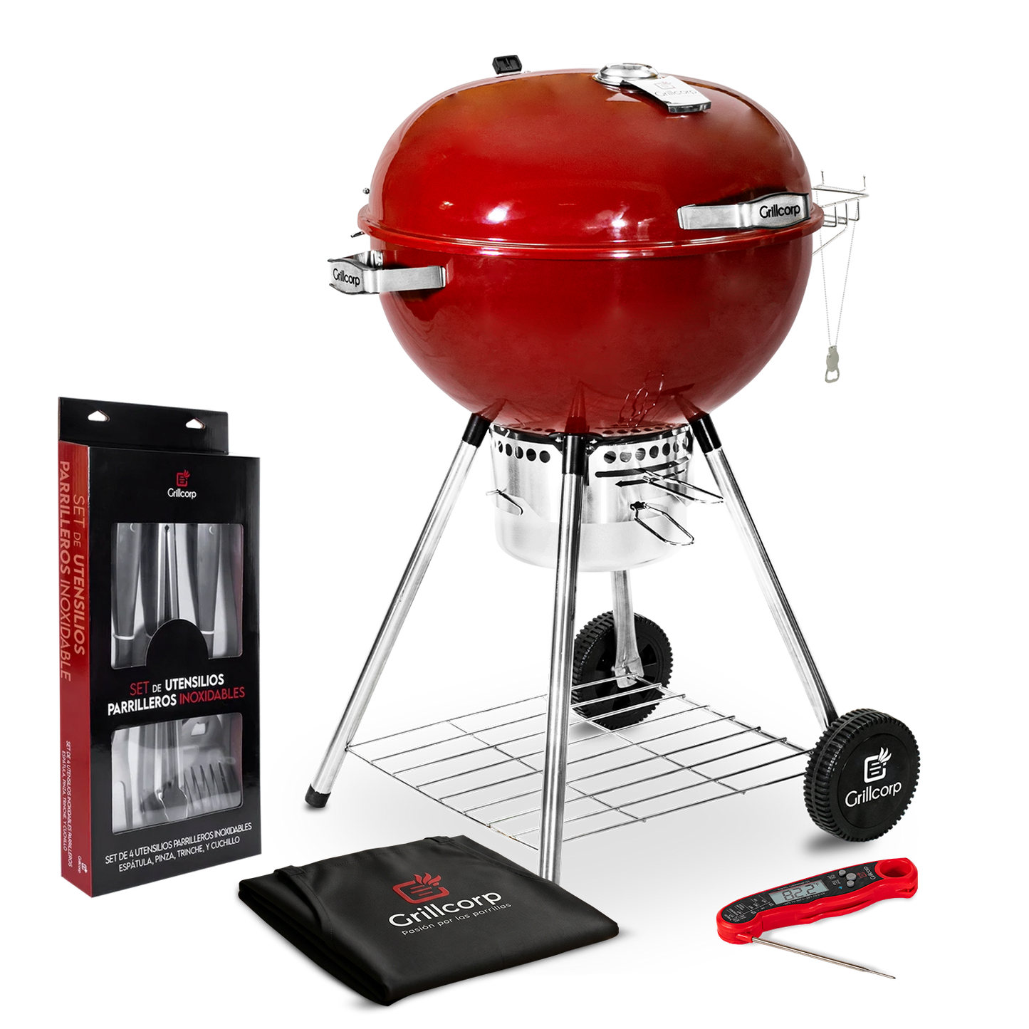 Parrilla Portátil Sheriff 22" + Mandil básico parrillero + Set de utensilios Premium Inox + TP19