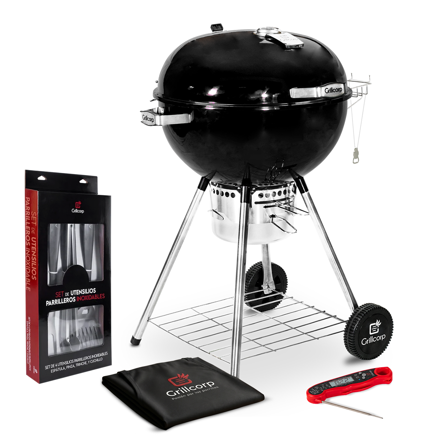 Parrilla Portátil Sheriff 22" + Mandil básico parrillero + Set de utensilios Premium Inox + TP19