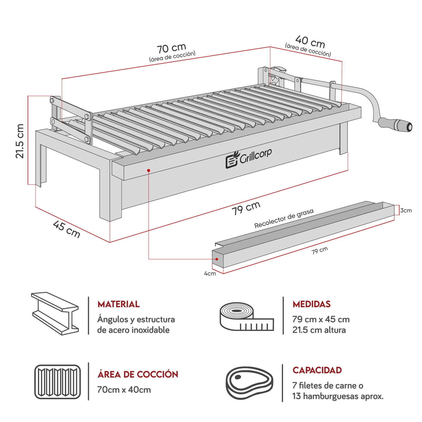 Parrilla Empotrable con sistema de levante Inoxidable Extra Grande 45cm x 79cm
