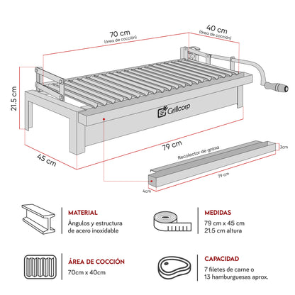 Parrilla Empotrable con sistema de levante Inoxidable Extra Grande 45cm x 79cm