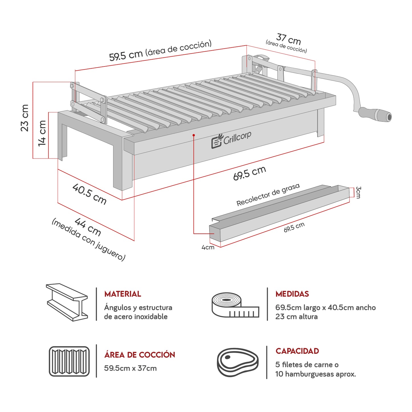Parrilla Empotrable con sistema de levante Inoxidable Grande 40cm x 69cm