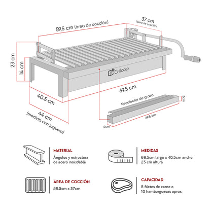 Parrilla Empotrable con sistema de levante Inoxidable Grande 40cm x 69cm