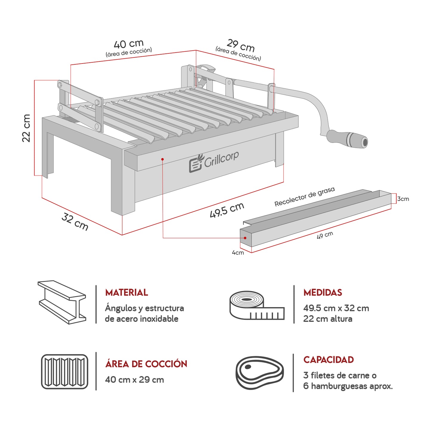 Parrilla Empotrable con sistema de levante Inoxidable Junior 32cm x 49cm