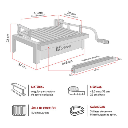 Parrilla Empotrable con sistema de levante Inoxidable Junior 32cm x 49cm