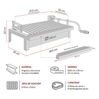 Parrilla Empotrable con sistema de levante Inoxidable Mediana 35cm x 59cm