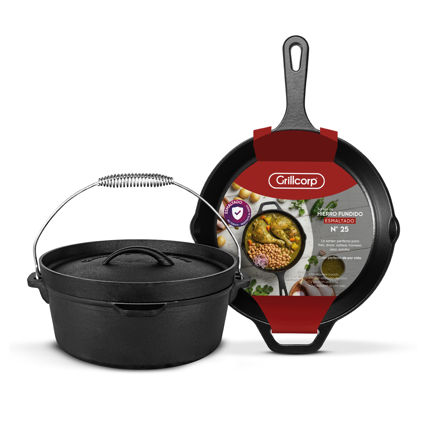 Olla de 4.5 QT de Hierro Fundido Grillcorp + Sartén N°25 de Hierro Fundido Esmaltado Grillcorp